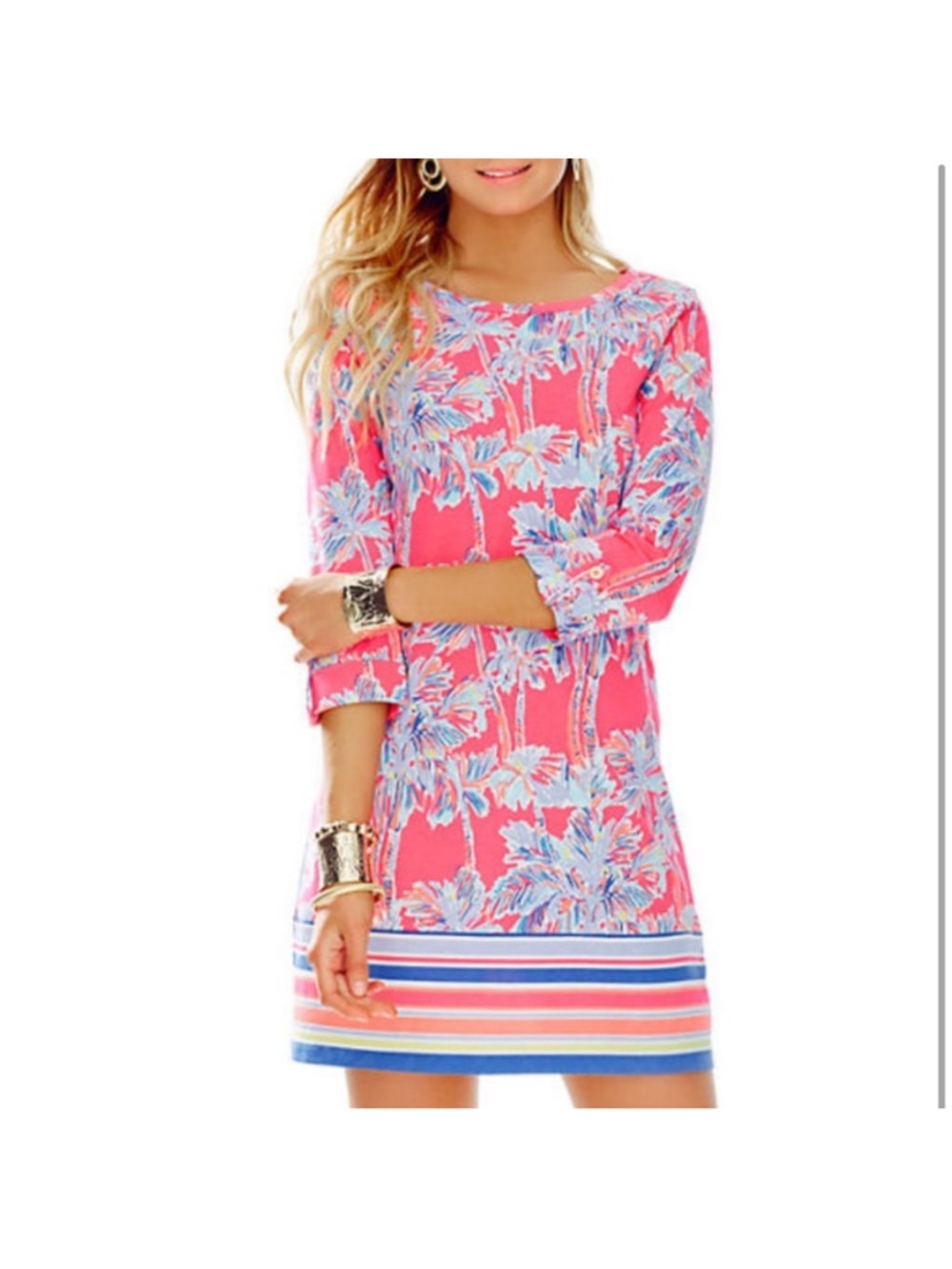Lilly Pulitzer Sophie Dress XS Pink Tropical Palm Print 3/4 Sleeve Shift Dress